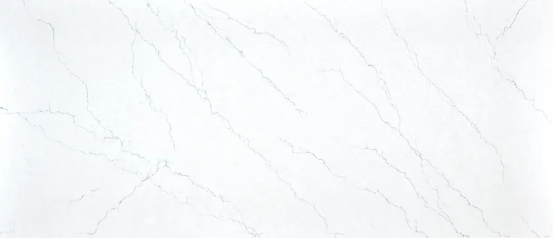 MSI Q Quartz Calacatta Miraggio Cielo quartz slab: bright white background with dusky blue and silver veins