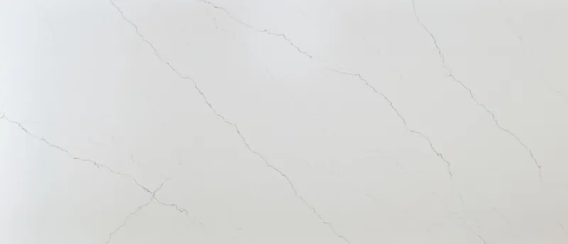 MSI Q Quartz Calacatta Miraggio quartz slab: cool white background with thin, widely spaced gray veins