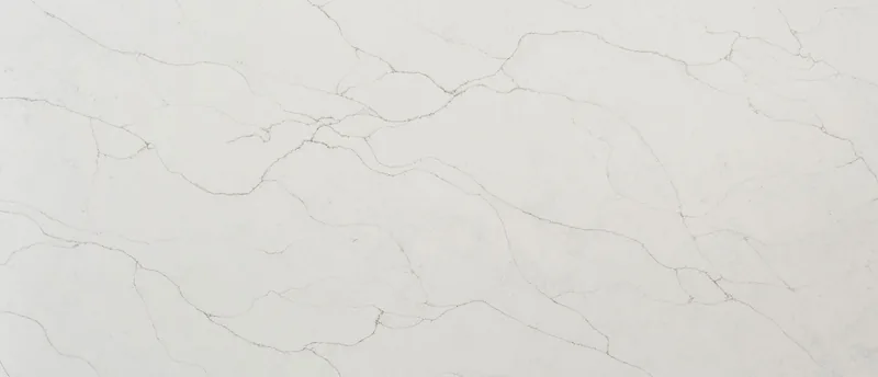 MSI Q Quartz Calacatta Prado quartz slab: warm white background with a branching web of fine gray-brown veins