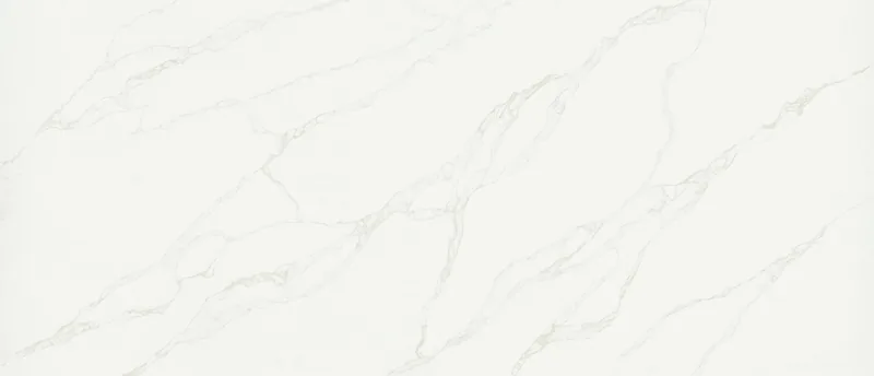 MSI Q Quartz Calacatta Rivessa quartz slab: pure white background with long, flowing light gray and blonde veins