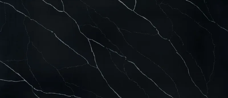 MSI Q Quartz Marquina Midnight quartz slab: deep black background with crisp branching white veins