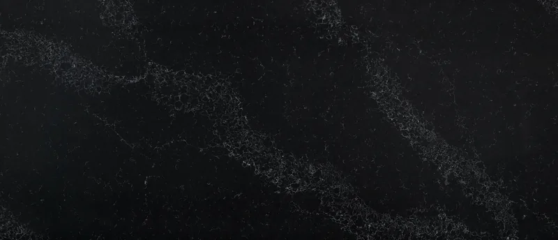 MSI Q Quartz Midnight Corvo quartz slab: neutral black background with cool white marble-style veins