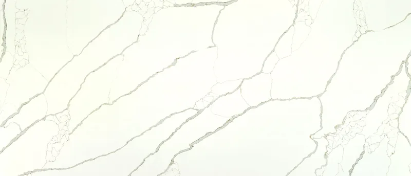 MSI Q Quartz New Calacatta Laza Gold quartz slab: bright white background with bold brown veins edged in gold