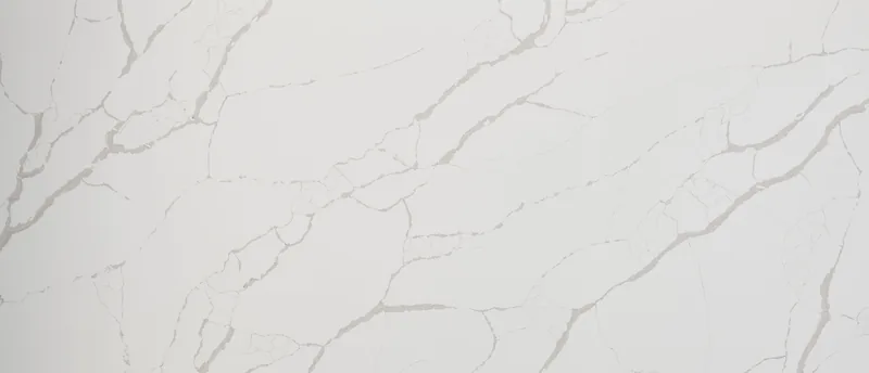 MSI Q Quartz New Calacatta Laza quartz slab: soft white background with broad warm gray-taupe veins