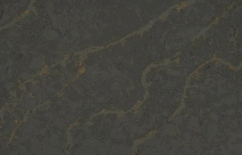 Silestone Bohemian Flame countertop swatch: dark gray-brown background with copper and silver veins