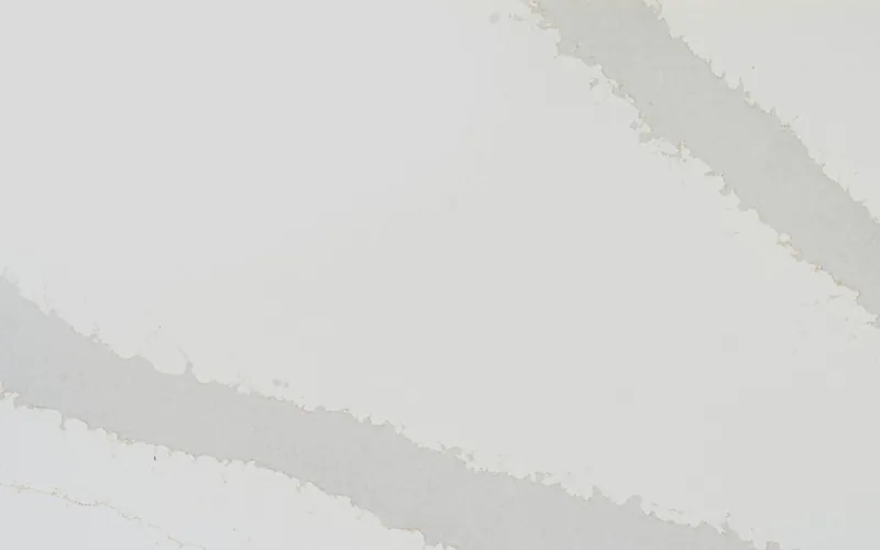 Silestone Calacatta West countertop swatch: bright white background with wide soft gray vein bands