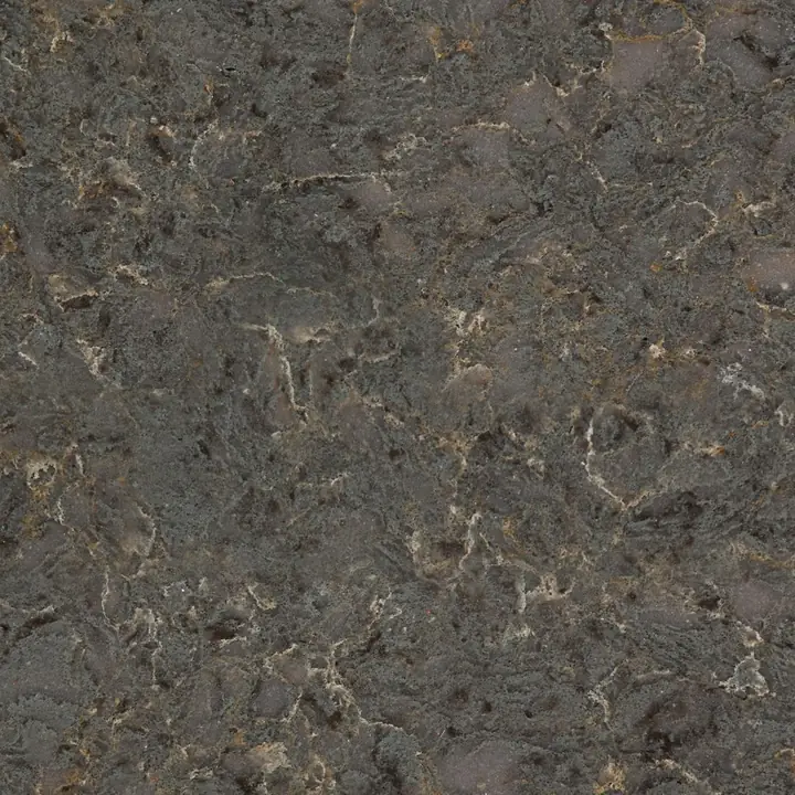Silestone Copper Mist countertop swatch: dark brown-gray background with copper veins