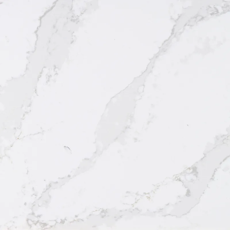 Silestone Eternal Calacatta Gold countertop swatch: white background with wide gray veins and gold glints