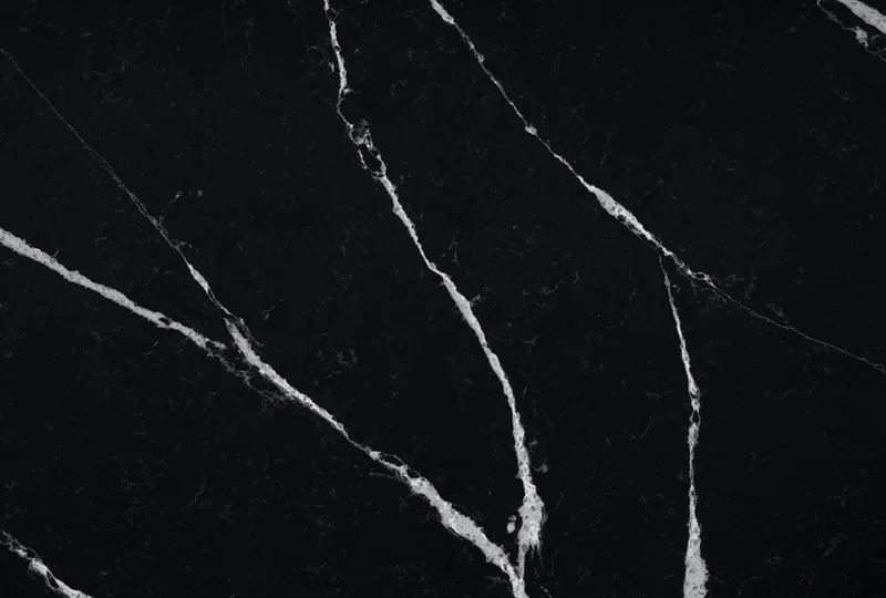 Silestone Eternal Marquina countertop swatch: black background with bold white veins