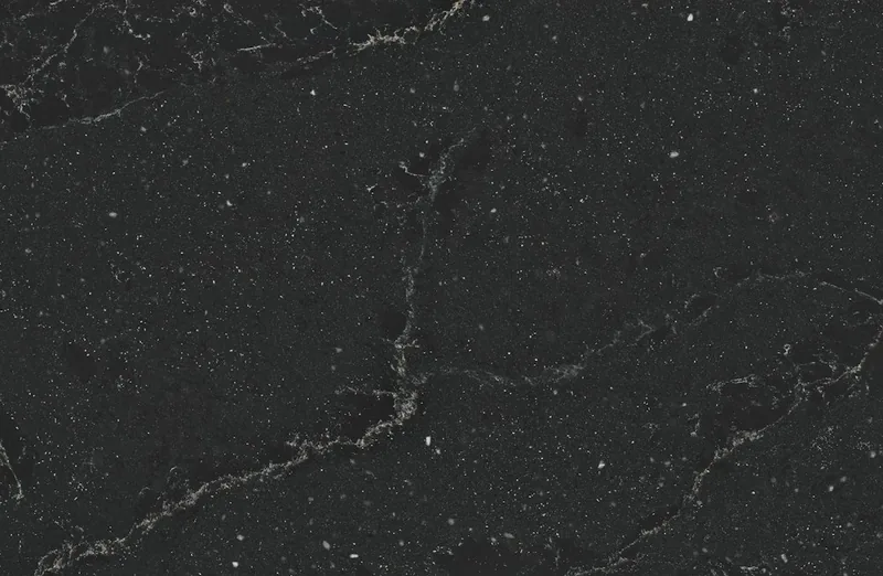Silestone Romantic Ash countertop swatch: black background with gray veins and light grains