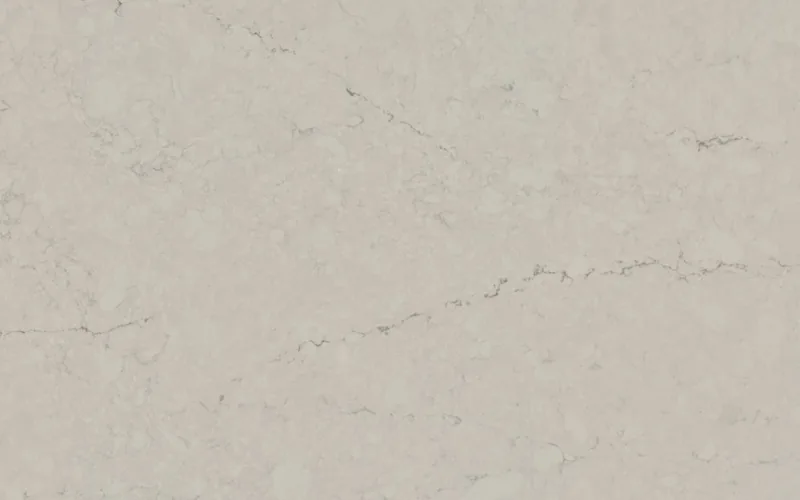 Silestone Silken Ash countertop swatch: warm greige background with fine gray thread veins