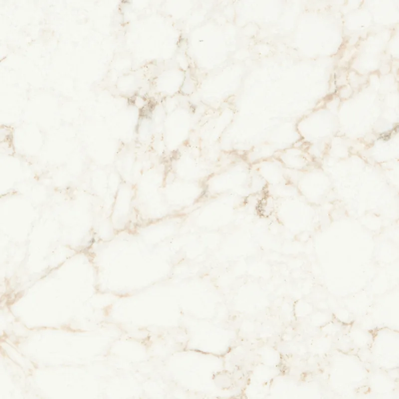 Viatera Allegro quartz swatch: bright white background with long golden and short veins