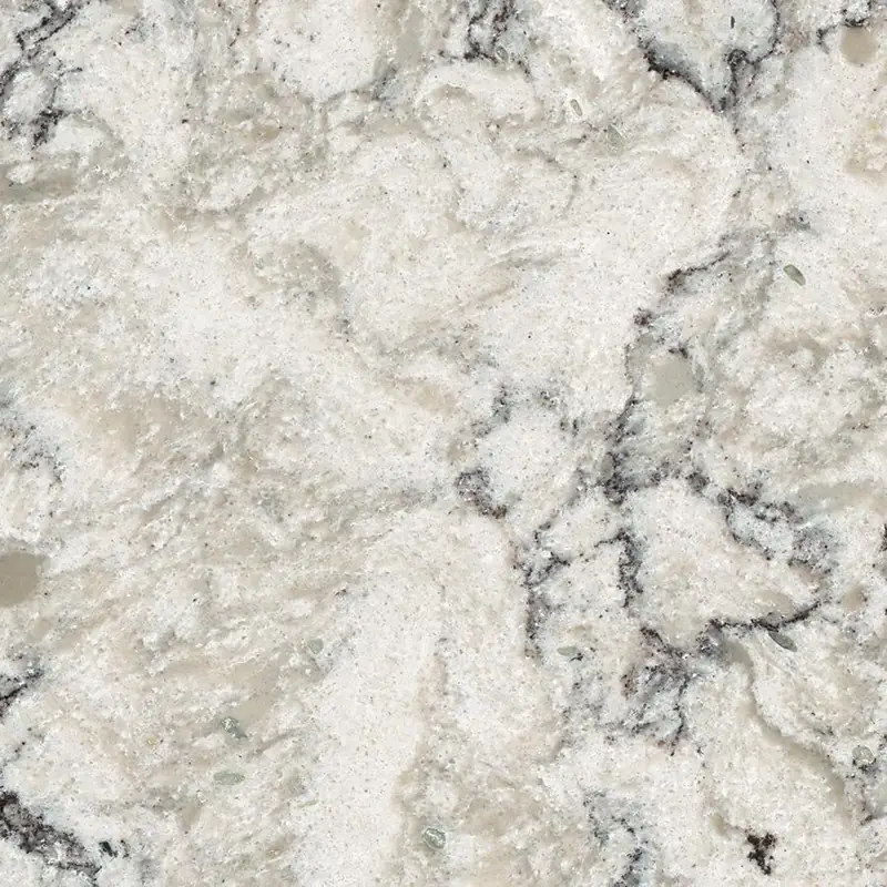 Viatera Aria quartz swatch: eggshell background with intricate black and grey marbling