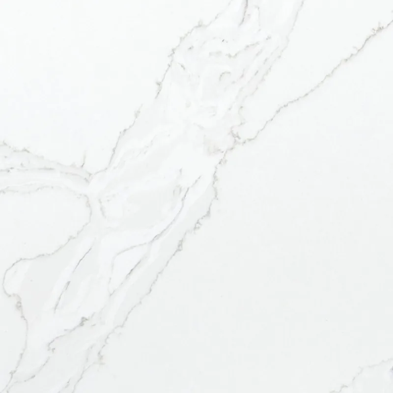 Viatera Calacatta Grande quartz swatch: crisp white background with wide grey veins