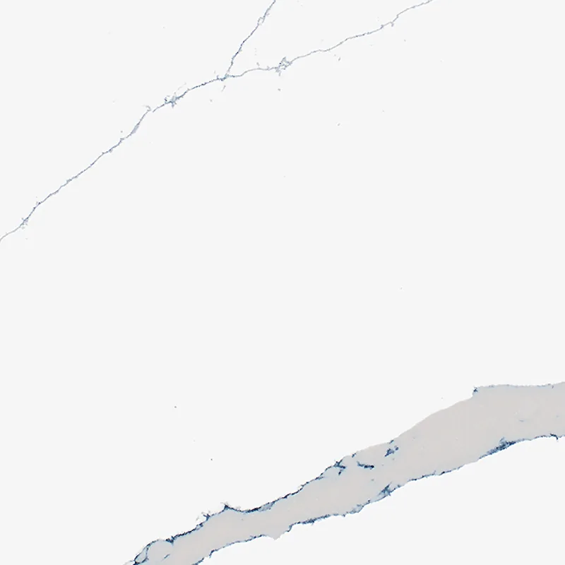 Viatera Calacatta Marina quartz swatch: white background with navy pencil veins and wide flowing bands
