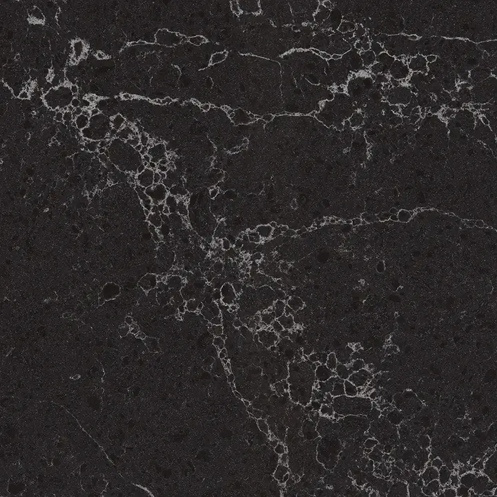 Viatera Carbo quartz swatch: tinted black background with long diagonal light grey veins