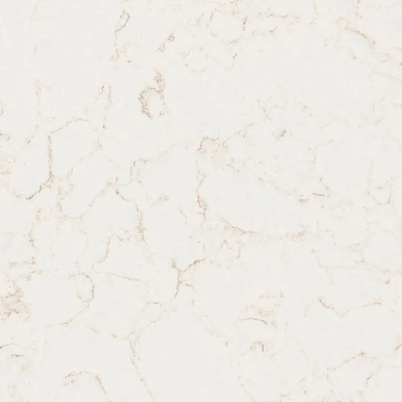 Viatera Carrara Ambra quartz swatch: warm off-white background with short amber-brown veins