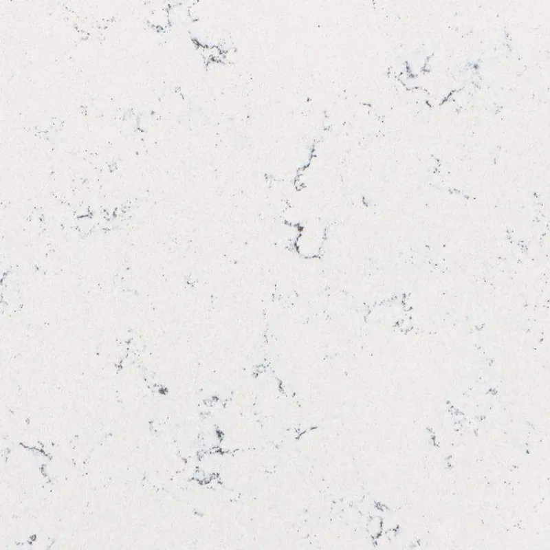 Viatera Carrara Bianco quartz swatch: white background with short scattered grey veins