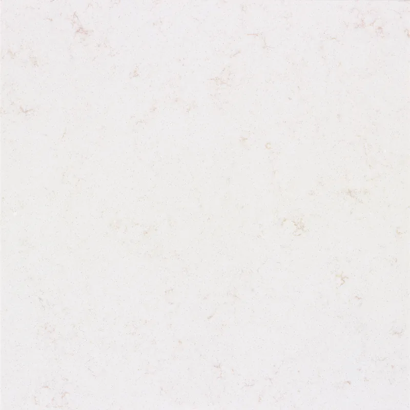 Viatera Carrara Oro Evo quartz swatch: soft white background with faint short warm-grey veins