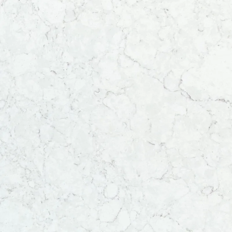 Viatera Carrara Trinita quartz swatch: white background with gentle evenly spread grey veins