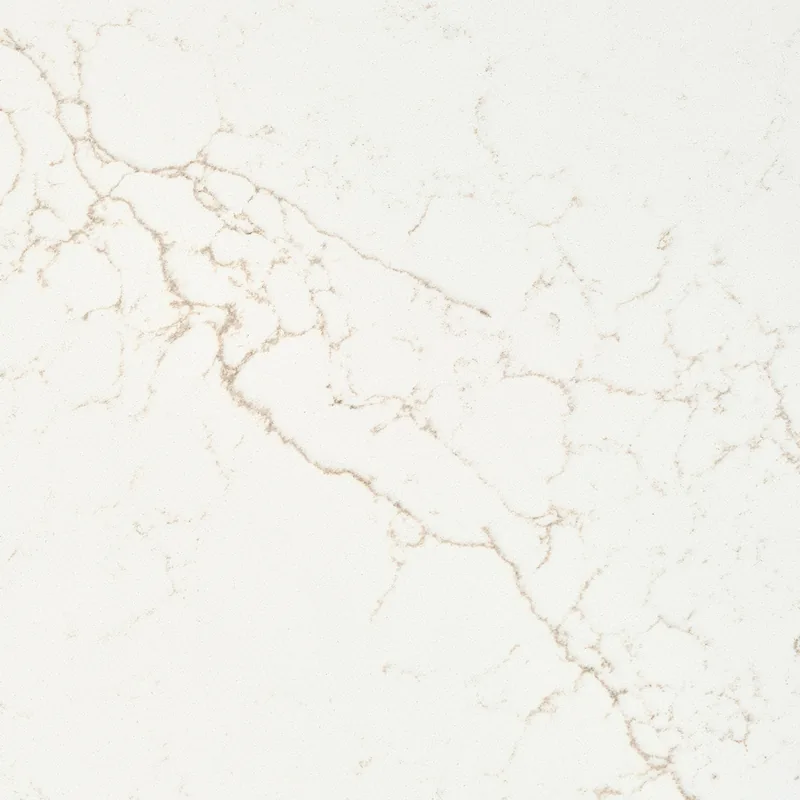 Viatera Dorato quartz swatch: off-white background with layered taupe and golden brown veins