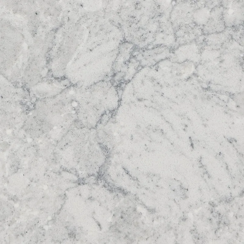 Viatera Encore quartz swatch: light cool grey background with charcoal and white veining