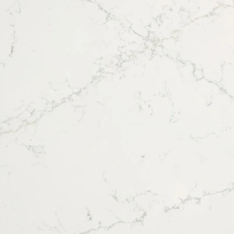 Viatera Etude quartz swatch: warm white background with long thin grey and gold veins
