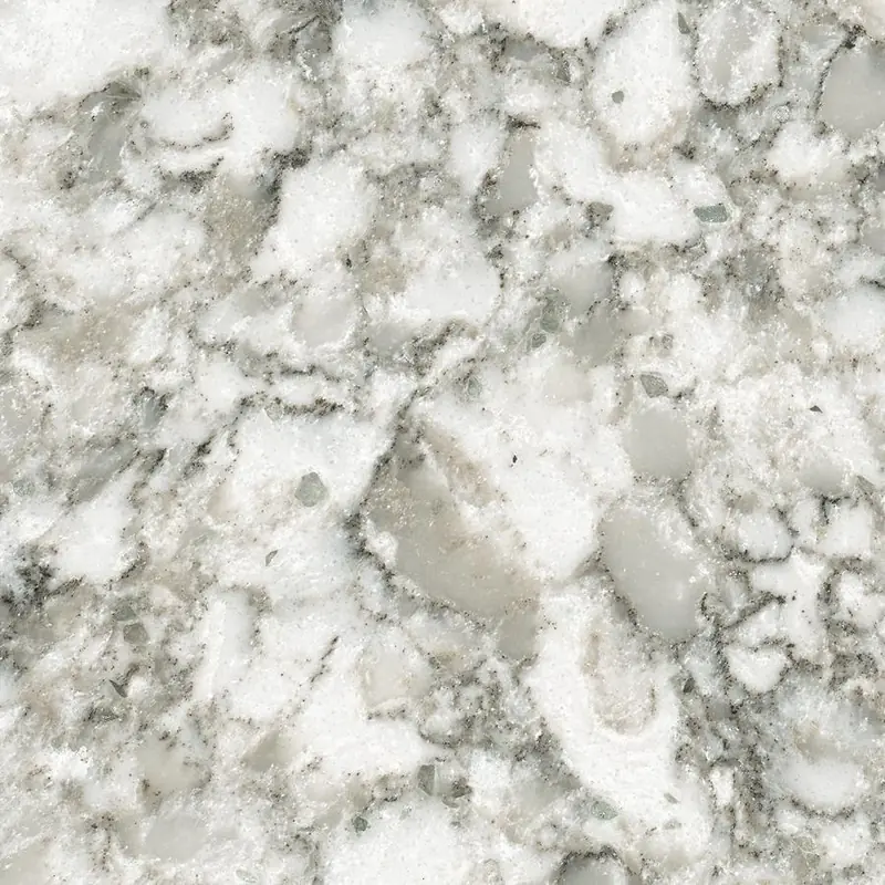 Viatera Everest quartz swatch: white, grey and black marbled textured pattern