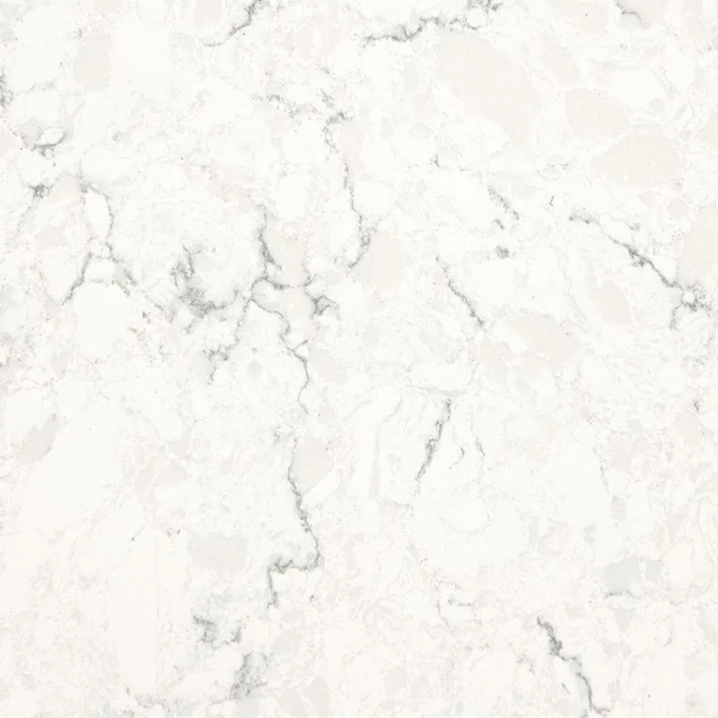 Viatera Forte quartz swatch: bright white background with small grey and gold veins