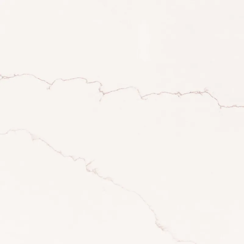 Viatera Gemini quartz swatch: off-white background with long jagged gold and greige veins