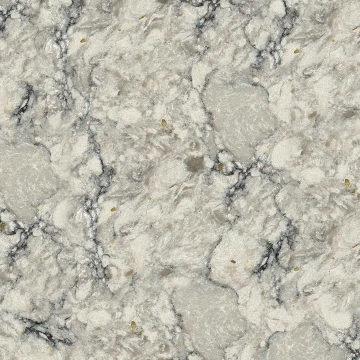 Viatera Intermezzo quartz swatch: creamy beige background with black crackle threads