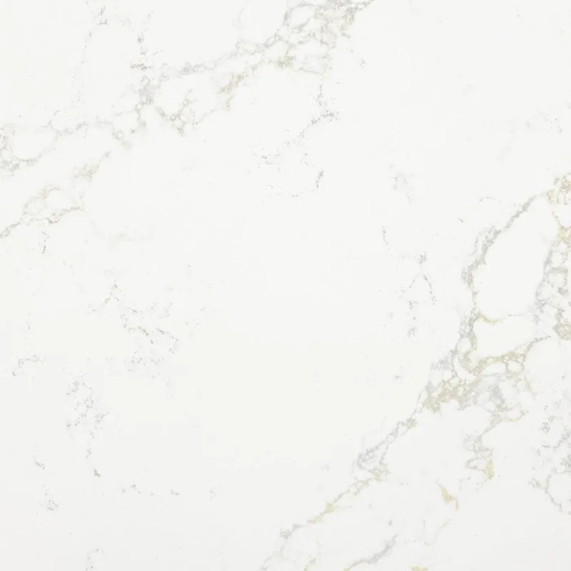 Viatera Lumina quartz swatch: white background with warm grey and gold long veins
