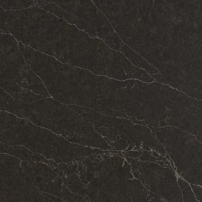 Viatera Midnight Ember Brushed quartz swatch: warm black background with fine gold and white veins