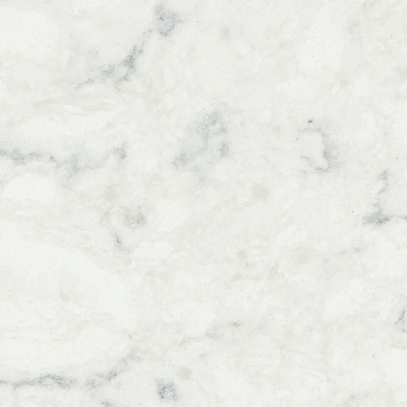 Viatera Minuet quartz swatch: alabaster white background with soft grey marbling