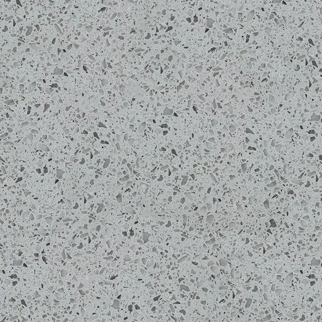 Viatera Pebble Gray quartz swatch: medium grey surface with dense grey chips