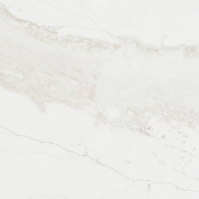 Viatera Solea quartz swatch: soft white background with broad diffused gold and taupe veins