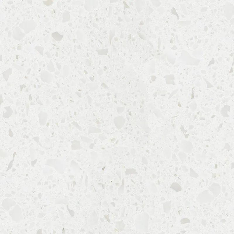 Viatera Sugar White quartz swatch: bright white background with small white and pale grey chips