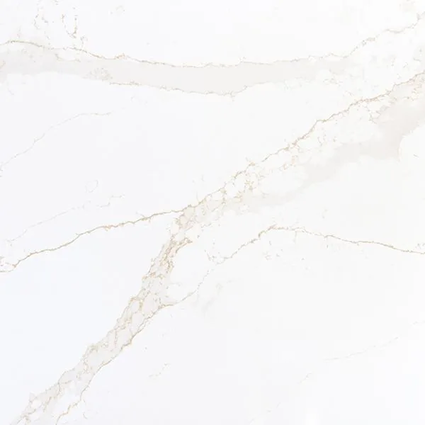 Viatera Suprema Carmela quartz swatch: radiant white background with delicate amber veins