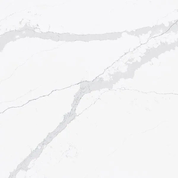 Viatera Suprema Nero quartz swatch: pure white background with deep charcoal veins