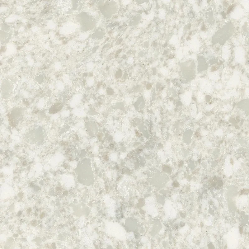 Viatera White Pearl quartz swatch: pale background with beige and grey fragments