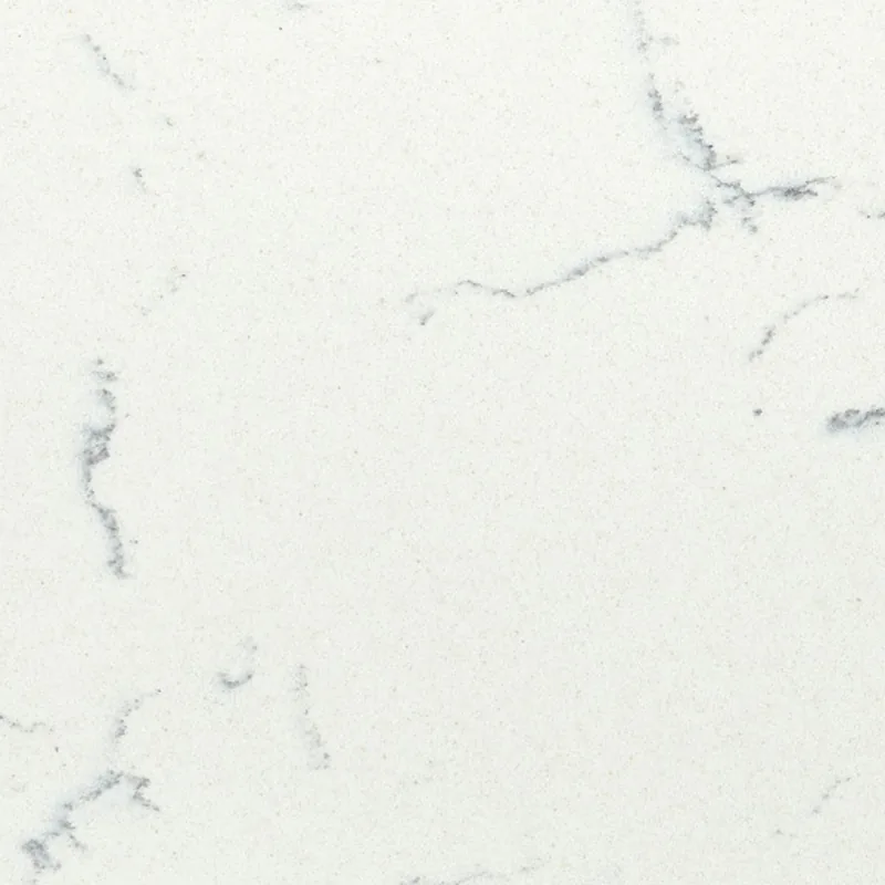 Viatera Willow White quartz swatch: smooth white background with intricate grey veins