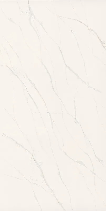 Wilsonart Calacatta Forte quartz swatch: white marble-look surface with bold veining