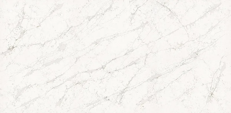 Wilsonart Calacatta Olympos quartz swatch: white marble-look surface with bold veining
