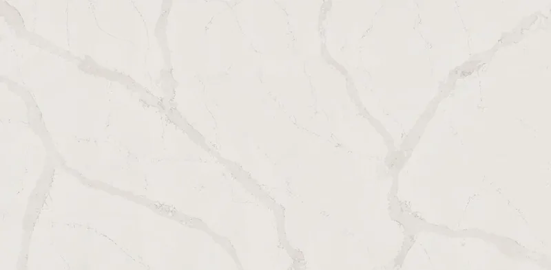 Wilsonart Calacatta Pastino quartz swatch: white marble-look surface with bold veining
