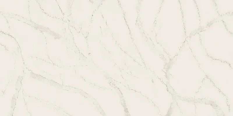 Wilsonart Calacatta Serchio quartz swatch: white marble-look surface with bold veining