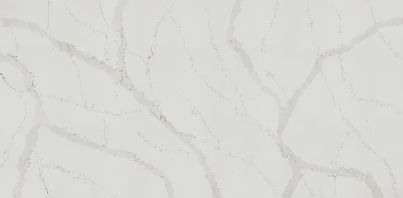 Wilsonart Calacatta Volegno quartz swatch: white marble-look surface with bold veining