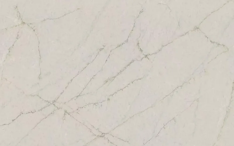 Wilsonart Emerald Brook quartz swatch: gray quartzite-look surface with moderate veining
