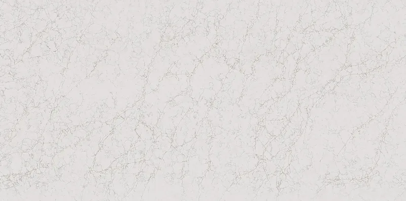 Wilsonart Fossa Falls quartz swatch: white marble-look surface with moderate veining