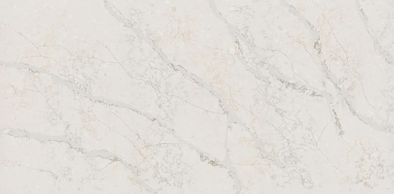 Wilsonart Nevis Ridge quartz swatch: white quartzite-look surface with moderate veining
