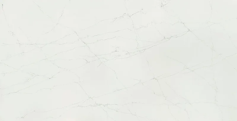 Wilsonart River Glen quartz swatch: white marble-look surface with moderate veining